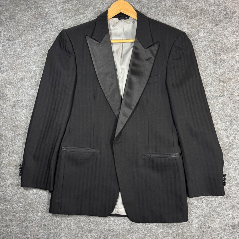 VTG Christian Dior Monsieur Tux Jacket Mens 38R Black Pinstripe Satin Peak Lapel